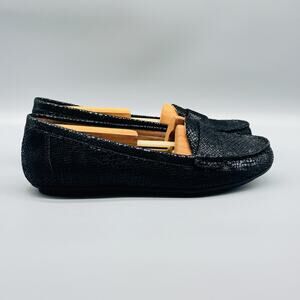 Vionic Shoes Womens 7.5 Black Loafers Moccasin Slip On Snake Print Flats Comfort